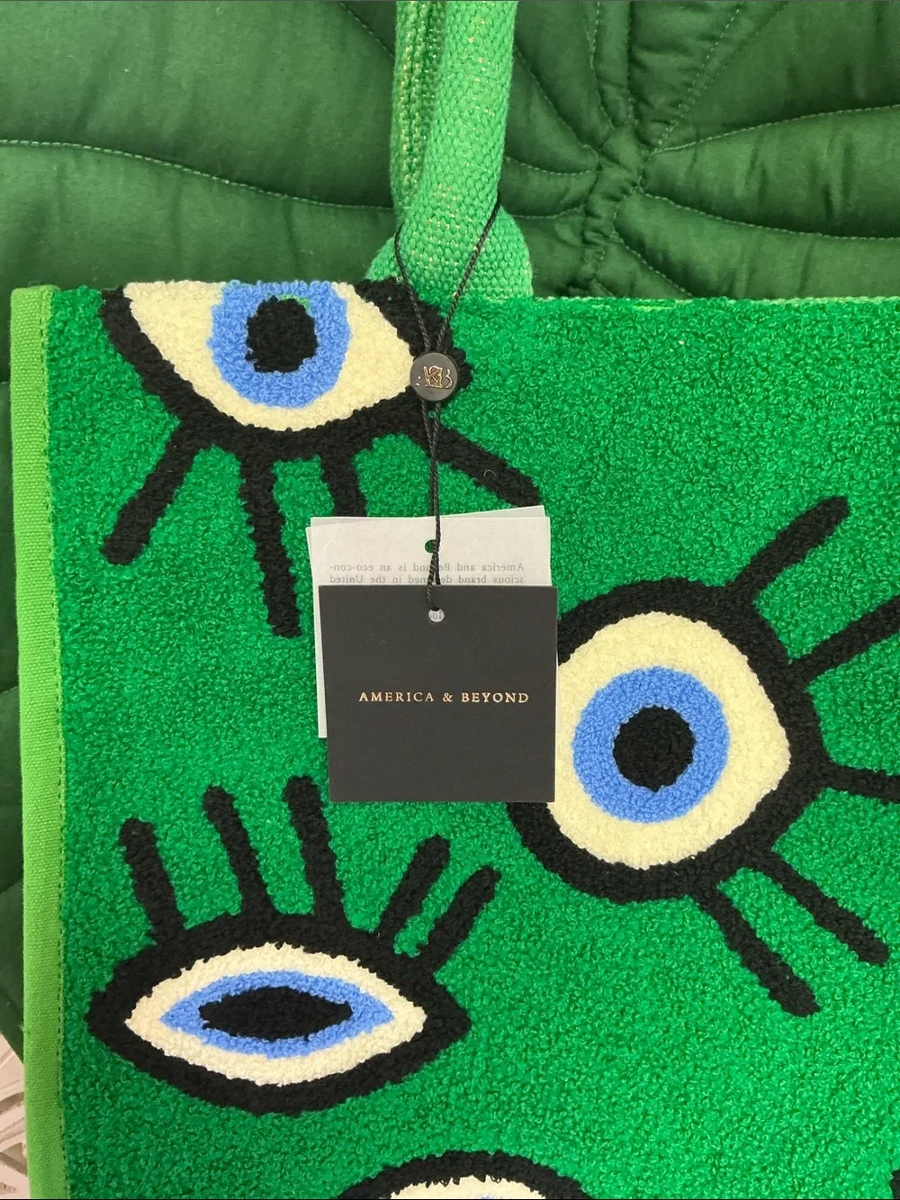NWT America and Beyond whimsical wonder green evil eye tote, color: Forest.